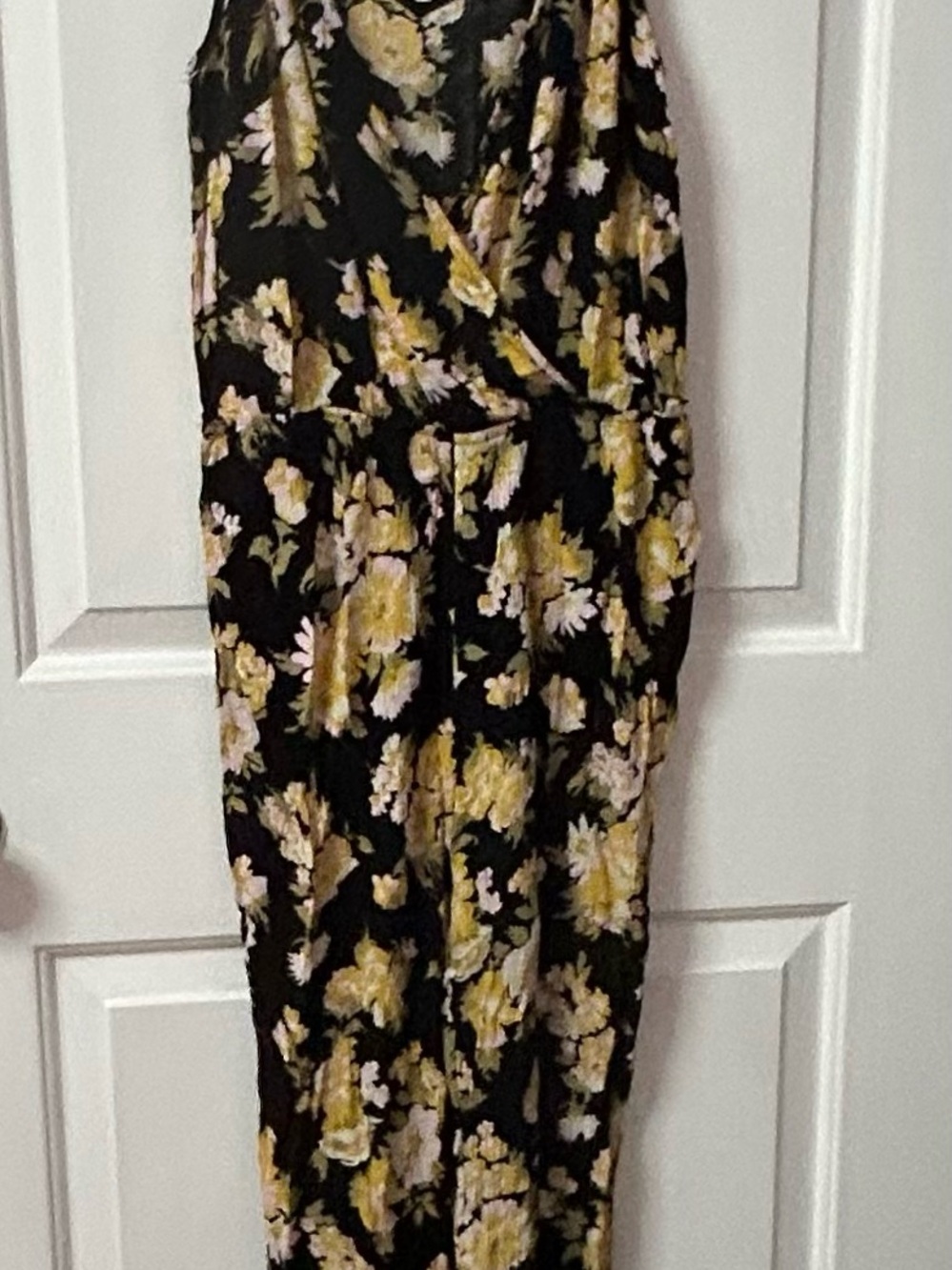 Love Tree Black Floral Wrap Jumpsuit with Yellow Accents